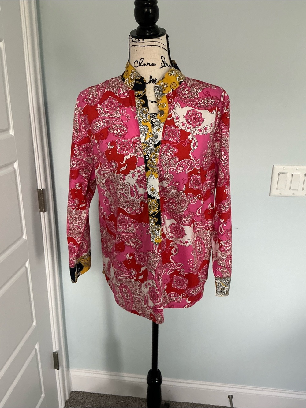 Pink Paisley Button-Up Blouse with Yellow Contrasting Accents